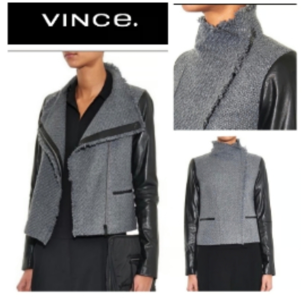 Vince Boucle Lamb Leather Sleeve Gray Tweed Blazer Moto Jacket Asymmetric Zip
